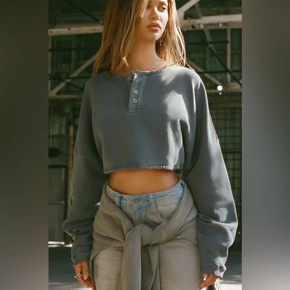 Joah Brown Henley Crop Sweatshirt Pearl Grey French Terry S - Picture 3 of 4